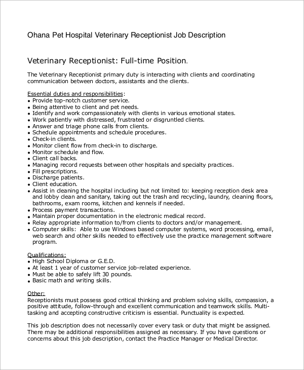 hotel receptionist job description pdf