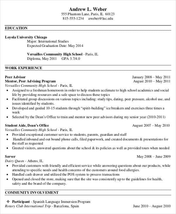 high school student resume with no work experience pdf
