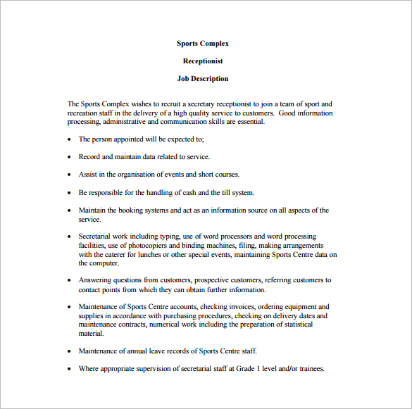 hotel receptionist job description pdf
